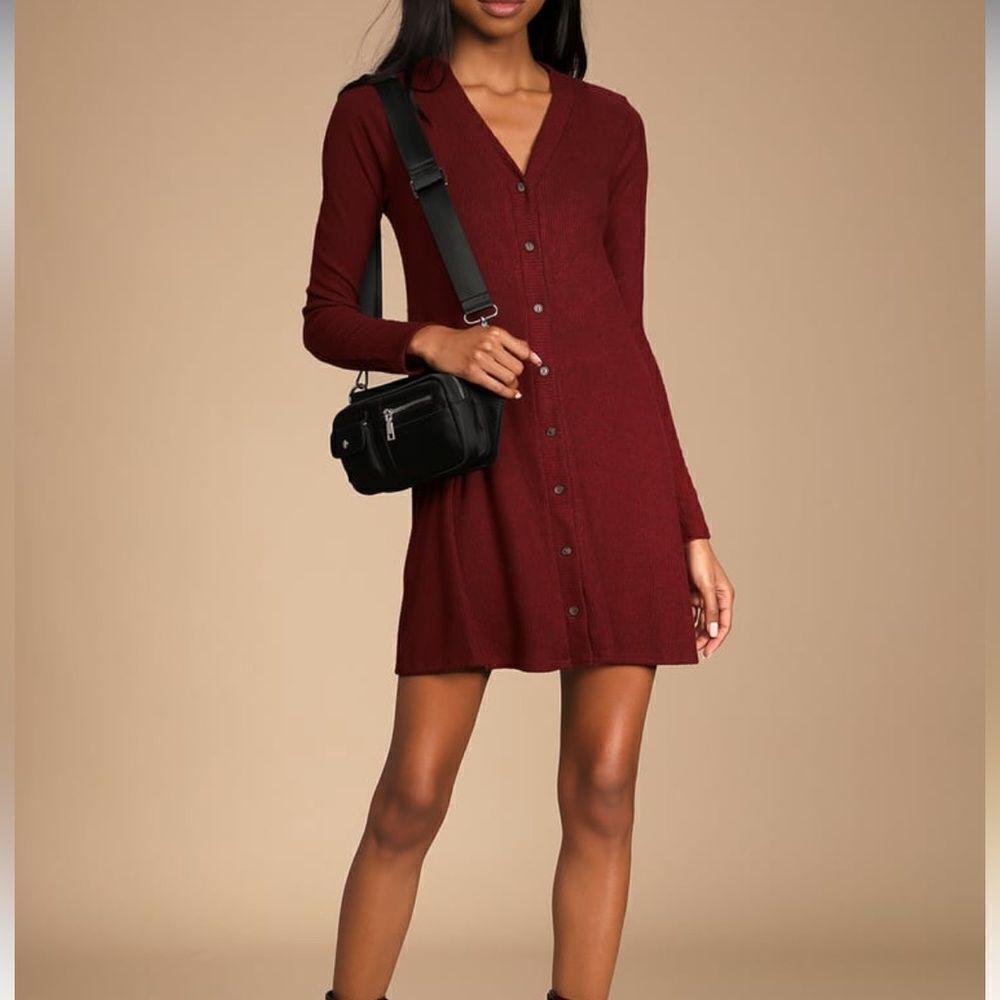 Lulus Sweet Comfort Burgundy Knit Sweater Dress‎
